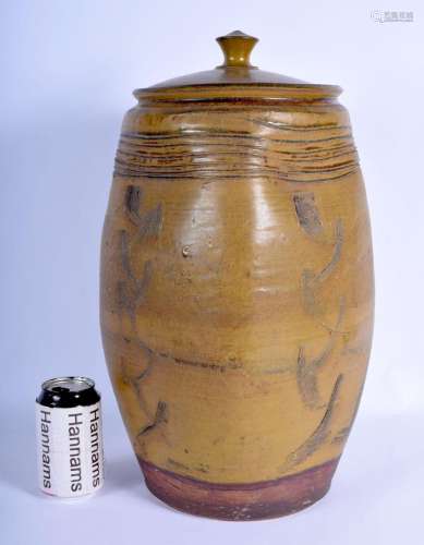 A LARGE VINTAGE STUDIO POTTERY STONEWARE VASE AND COVER with...