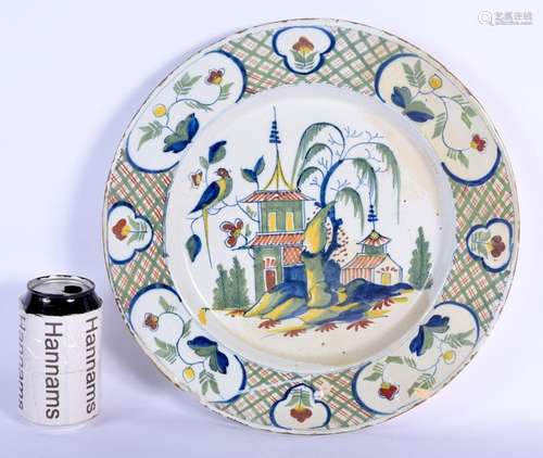 A LARGE 18TH CENTURY ENGLISH DELFT TIN GLAZED CIRCULAR PLATE...