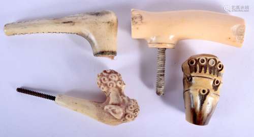 A 19TH CENTURY ANGLO INDIAN CARVED IVORY CANE HANDLE togethe...