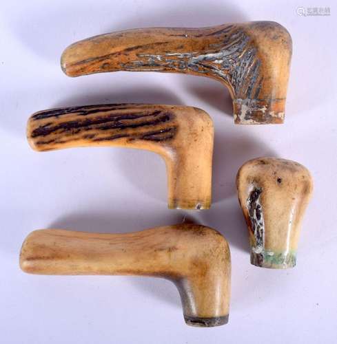 FOUR 19TH CENTURY ANTLER HORN WALKING CANE HANDLES. Largest ...