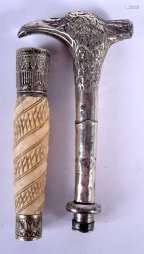 AN ANTIQUE SILVER BIRD HEAD CANE HANDLE together with anothe...