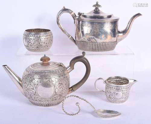 AN EDWARDIAN SILVER BULLET FORM TEAPOT AND COVER with simila...