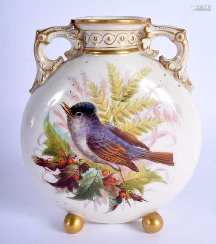 Royal Worcester fine moon flask painted with chubby birds by...