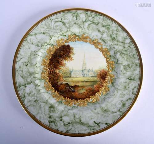 20th c. Coalport plate painted with a view of Salisbury Cath...