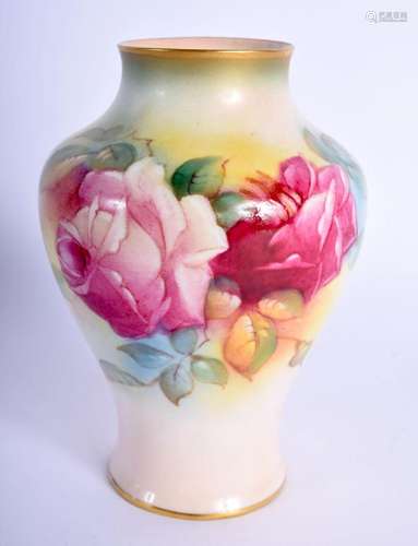 Royal Worcester vase painted with roses by M. Hunt, signed, ...