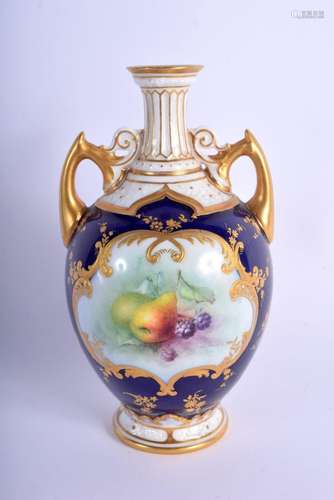 Royal Worcester two handle blue ground vase painted with fru...