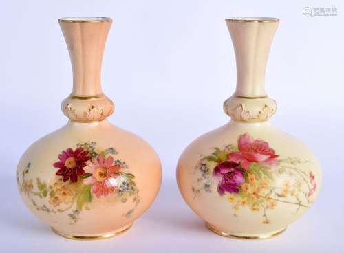 Royal Worcester pair of vases painted with flowers on a blus...