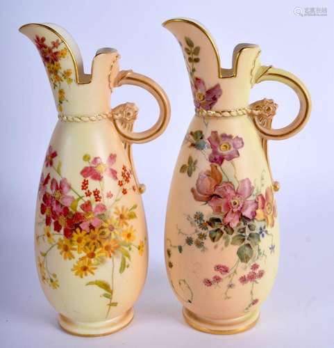 Royal Worcester ewer painted with flowers on a blush ivory g...