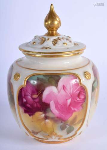 Royal Worcester vase and cover painted with roses in moulded...