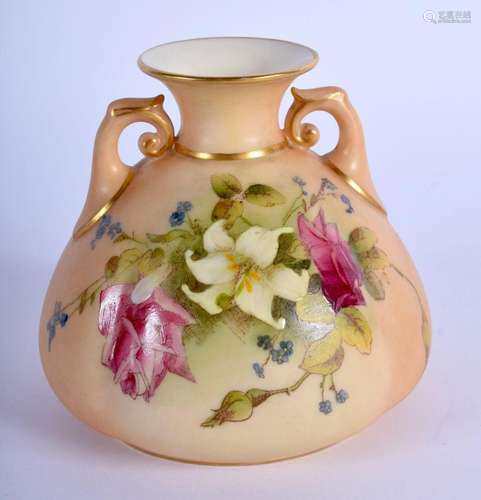 Royal Worcester blush ivory vase with two handles painted wi...