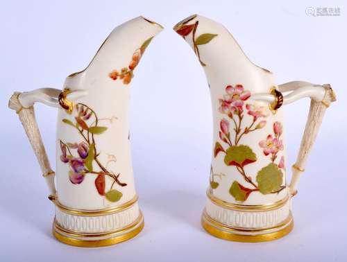 Royal Worcester pair elephant tusk jugs painted and gilt wit...