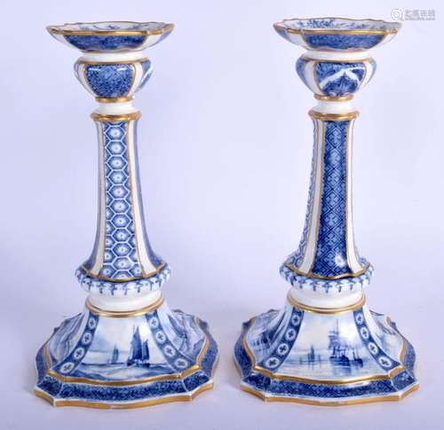 Royal Crown Derby rare pair of blue and white candlesticks, ...