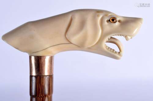 A 19TH CENTURY MIDDLE EASTERN IVORY HANDLED SCOWLING DOG WAL...