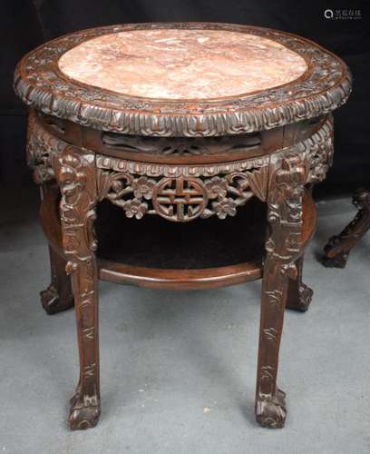 A 19TH CENTURY CHINESE HARDWOOD MARBLE INSET TABLE DECORATED...