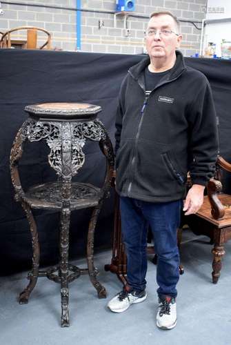 A VERY RARE UNUSUAL CHINESE HARDWOOD MARBLE INSET STAND DECO...