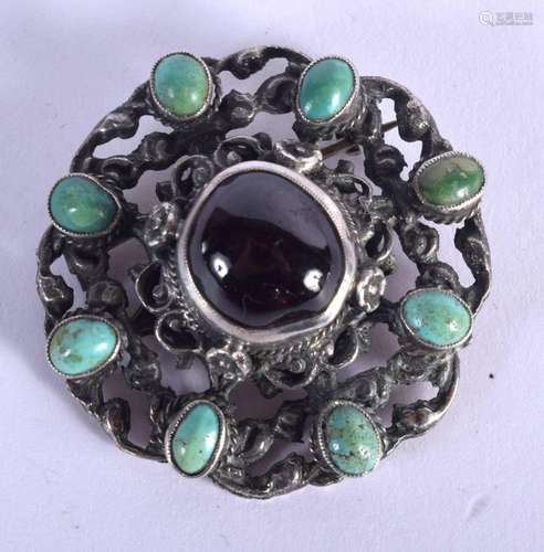 A VINTAGE SILVER RUBY GLASS AND TURQUOISE BROOCH. 19 grams. ...