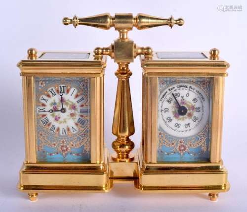 A CONTEMPORARY SEVRES STYLE DOUBLE CARRIAGE CLOCK. 11 cm x 1...