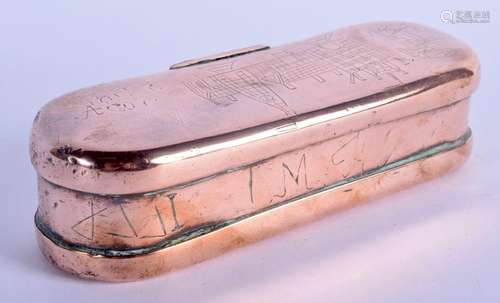 A GEORGE III POLISHED COPPER SNUFF BOX. 263 grams. 13 cm x 5...