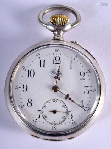 A SILVER POCKET WATCH. 103 grams. 5 cm wide.