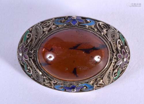 A VINTAGE CHINESE ENAMEL AND AMBER BROOCH. 9 grams. 3.5 cm x...