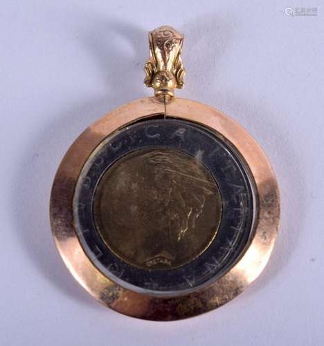 A 9CT GOLD MOUNTED COIN. 11 grams. 4.25 cm x 3.25 cm.