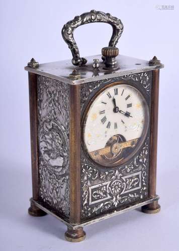 AN ANTIQUE SILVER PLATED CARRIAGE CLOCK decorated with figur...