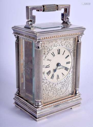 A MAPPIN & WEBB SILVER PLATED CARRIAGE CLOCK with open w...