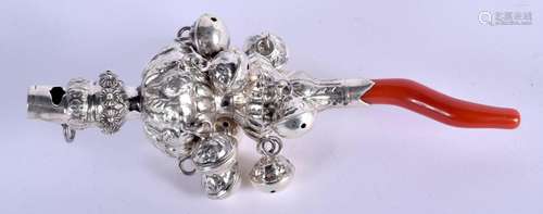 A SILVER AND CORAL BABIES RATTLE. 63 grams. 14 cm long.