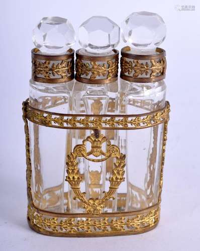 A NEO CLASSICAL GILT OVERLAID TRIPLE SCENT BOTTLE. 8 cm x 4....