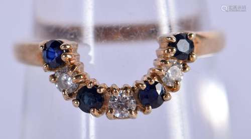 A 9CT GOLD DIAMOND AND SAPPHIRE RING. M. 1.5 grams.