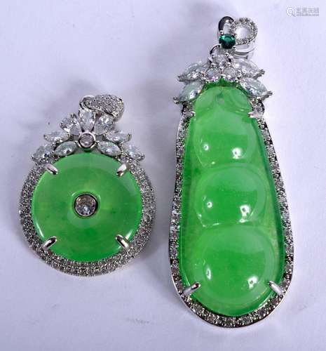 TWO CHINESE 18CT GOLD WHITE GOLD MOUNTED JADEITE PENDANTS. 2...