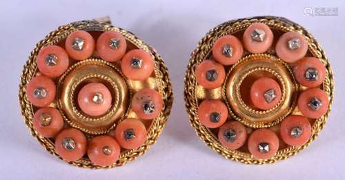 A PAIR OF VICTORIAN GOLD AND CORAL EARRINGS. 12.8 grams. 2 c...