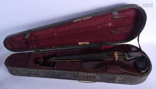 AN ANTIQUE GERMAN TWO PIECE BACK VIOLIN with scrolling termi...