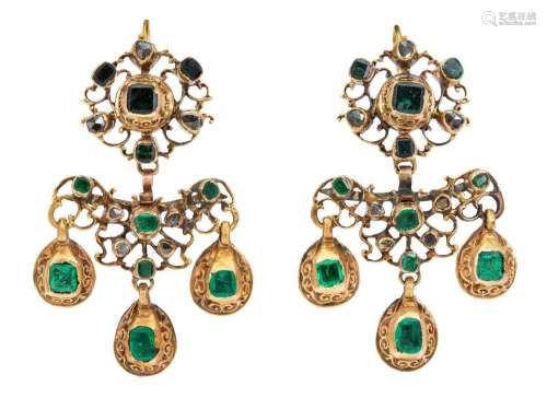 A pair of antique Iberian gold, emerald and diamond earrings...
