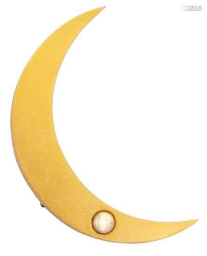 A gold and half-pearl single stone crescent brooch, designed...