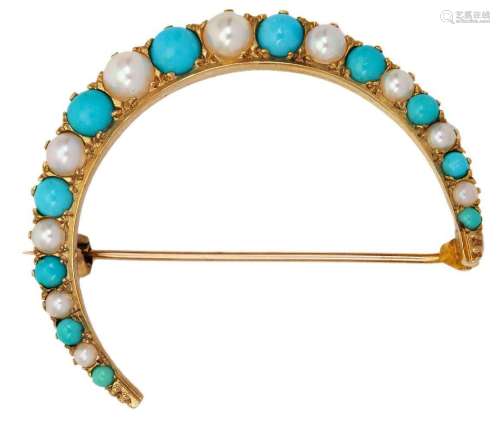 A 9ct gold, turquoise and half-pearl crescent moon brooch, a...