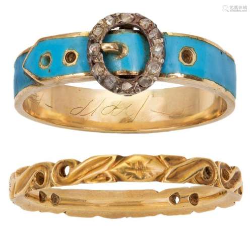 An early 19th century gold, blue enamel and diamond buckle r...