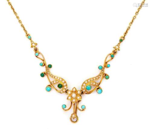 An Edwardian gold, turquoise and half-pearl necklace. the ce...