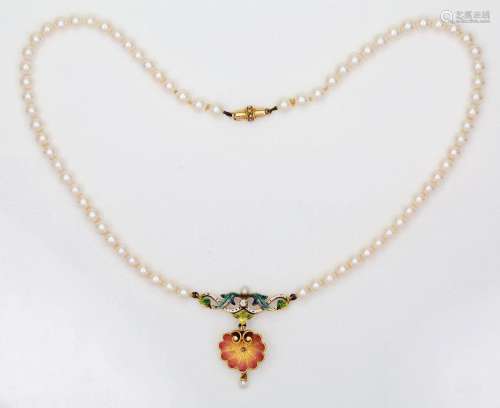A cultured pearl, enamel and diamond necklace, centring on a...