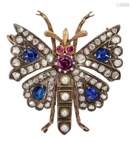 A gem-set and diamond brooch designed as a butterfly, the wi...