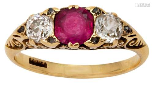 A Victorian ruby and diamond three stone half-hoop ring, the...