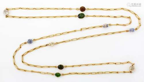 An early 20th century gold multi- gem-set guard chain, of fe...