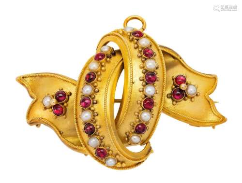 A Victorian gold, garnet and seed pearl brooch, of ribbon de...