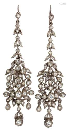 A pair of silver and paste earrings, of tapering foliate des...