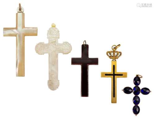 Five cross pendants, comprising: a gold reliquary cross pend...