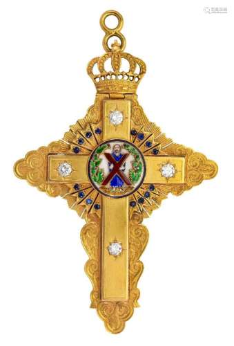 A 9ct gold, diamond and enamel, pectoral cross pendant, by G...