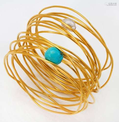 A cultured pearl and turquoise wirework multi-hoop bangle, s...