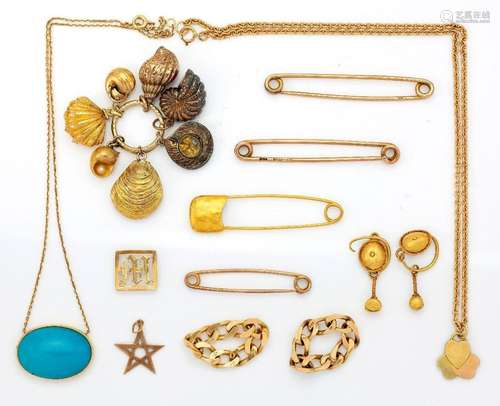 A group of jewellery, comprising: four gold safety pin brooc...