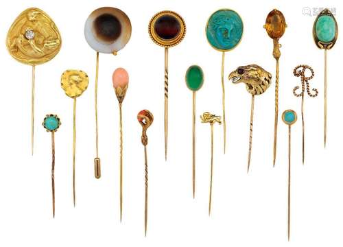 Fifteen various gem-set and hardstone stickpins, comprising:...