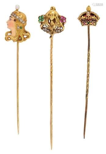 Three gold, diamond, gem-set and enamel stickpins, one desig...